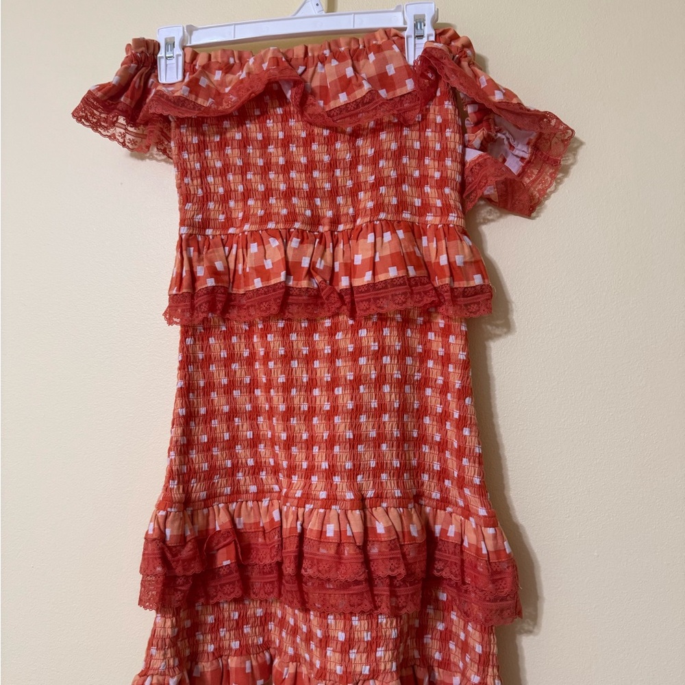 REVOLVE Tularosa Orange and White Gingham Ruffle Mini Dress